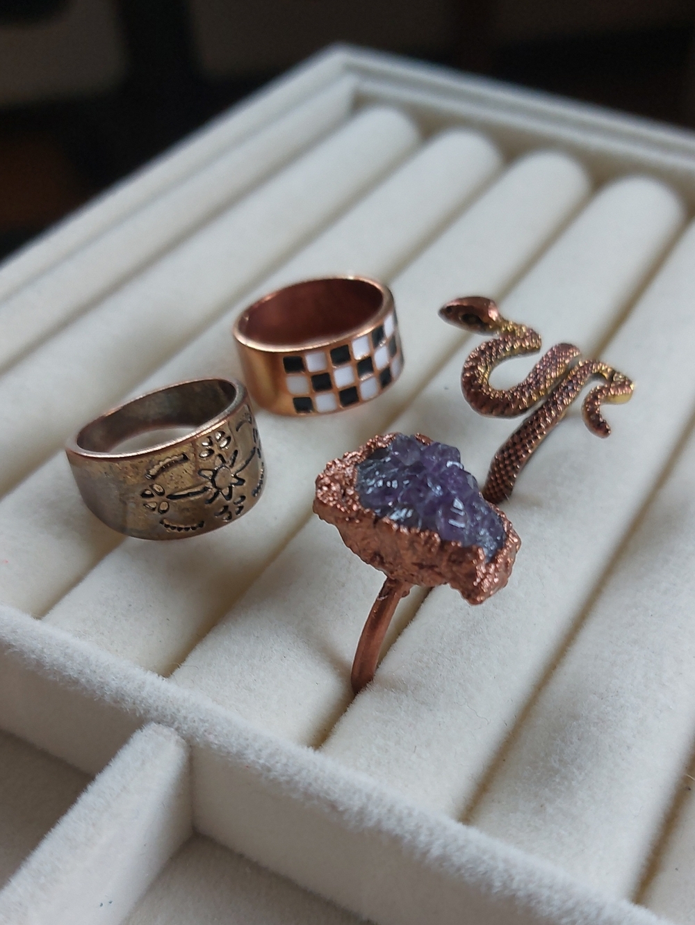 Boho Bronze Copper Tone Ring Lot 4pc Raw Amethyst, Snake & Check Sz 6-7
